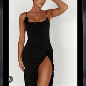 NWT Meshki Nevaeh Black Midi Dress with Rosettes